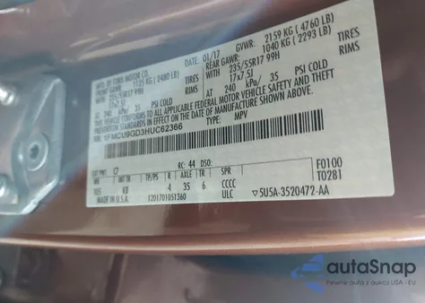 2017 Ford Escape Se из США, поврежденный, VIN 1FMCU9GD3HUC62366